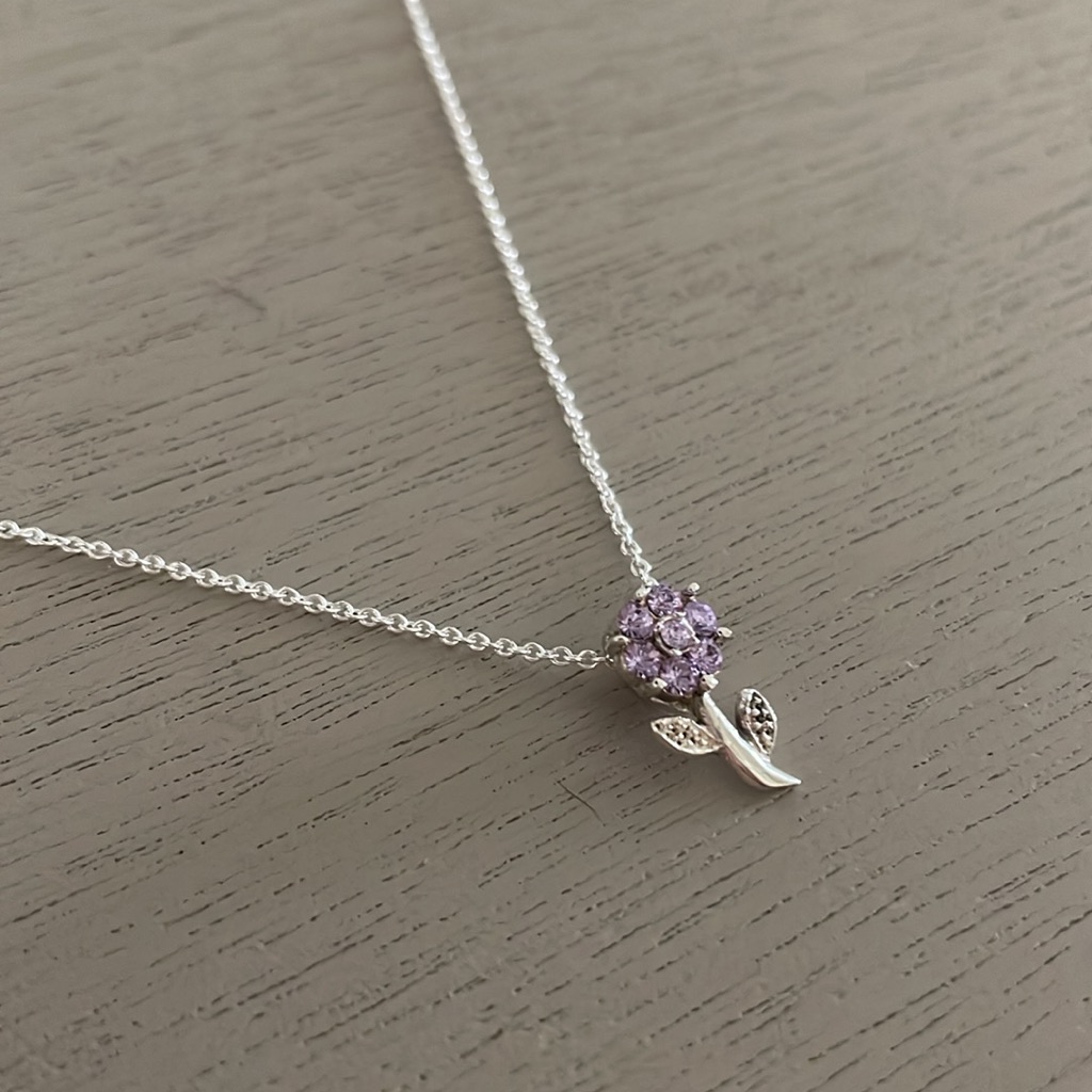 Clearance Sterling Silver And Light Lavender Dainty Cz Flower Pendant & Chain